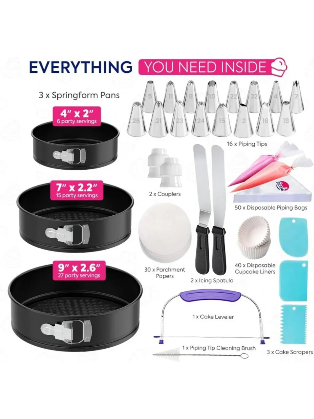 148PC Non-Stick Springform Cake Pan Set, Decorating Kit & Piping Bags, Leveler
